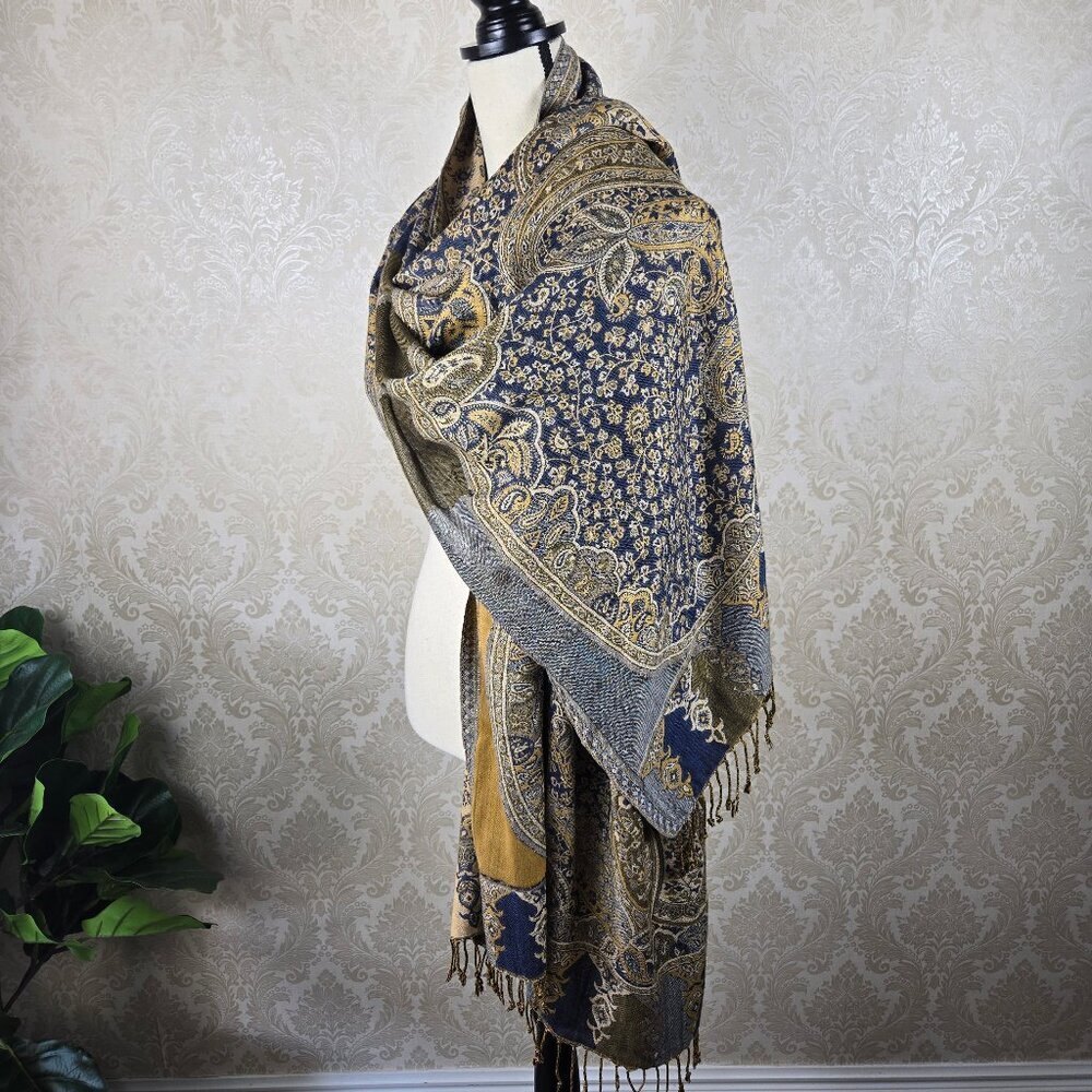 Blue and Gold Paisley and Floral Patterned Oblong Scarf Fringed Ends Feminine